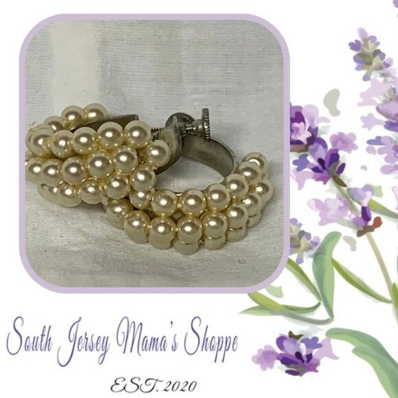 Vintage 1950s Screw Back Earring Faux Off White Pearl Hoops (J317) - Picture 1 of 11
